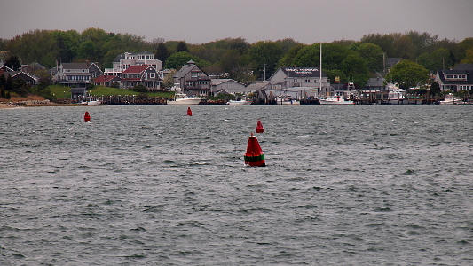 [Four different red-topped bouys bob in the water probably marking underwater hazards since they are not aligned in a particular sequence. The land in the background has many 'New-England' style buildings.]